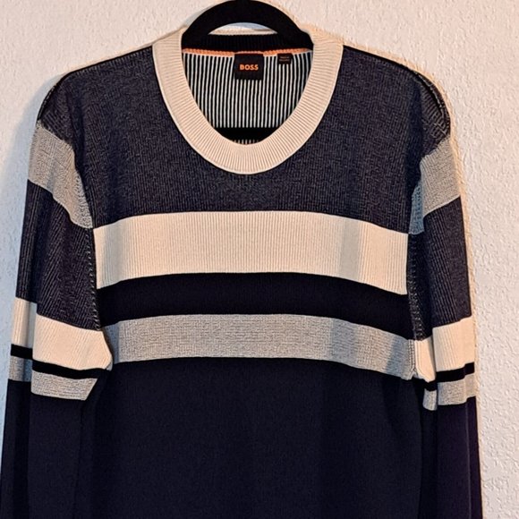 Boss Hugo Boss Sweater Men's Large Color Block Stripe Black Cream Kastory L Slv - Picture 2 of 9